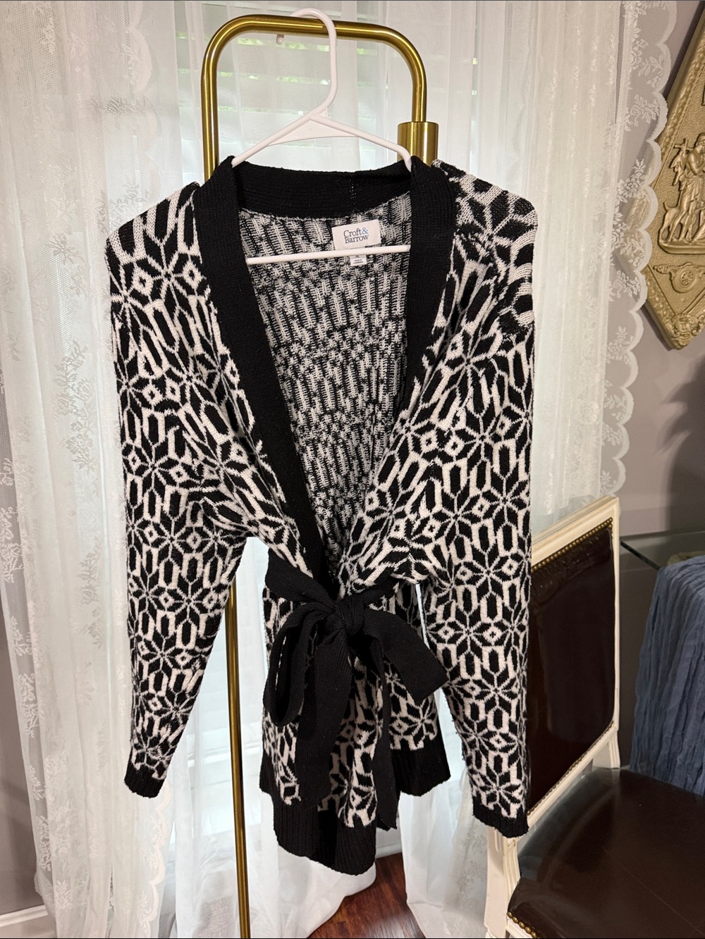 croft & barrow Black and White Geometric Tie-Waist Cardigan